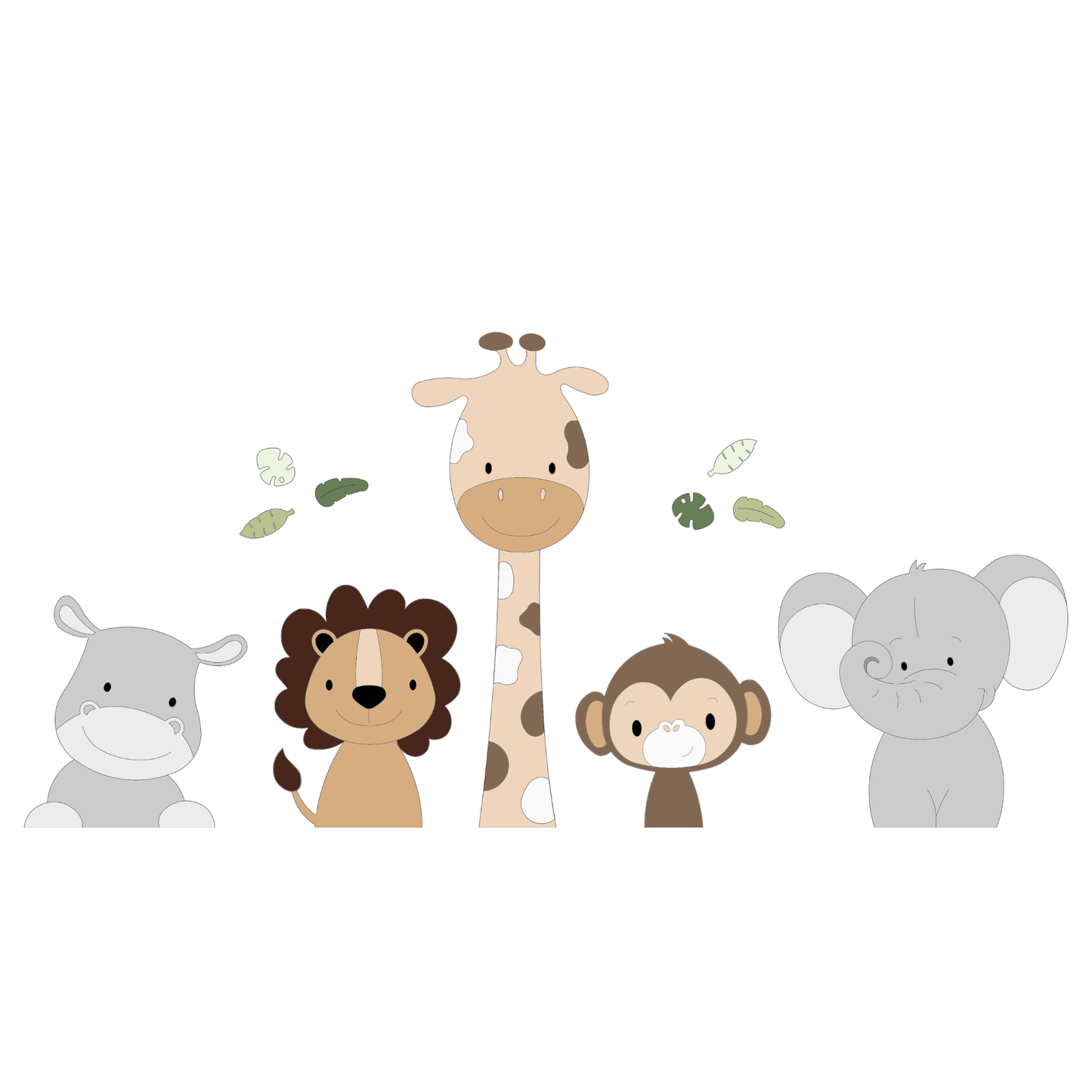 Muurstickers muurdecoratie babykamer hout jungle safaridieren beige giraf, leeuw en olifant