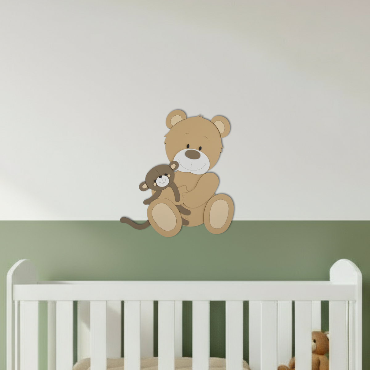 Muurdecoratie voor babykamer met beige beer en knuffelaapje