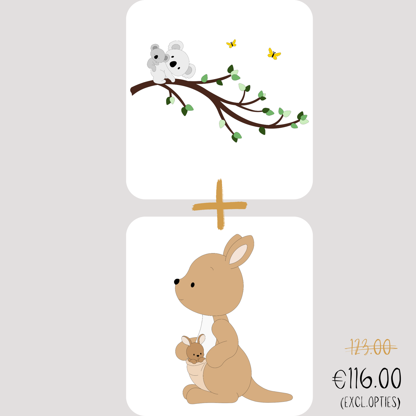Kortings deal van houten muurdecoratie voor de babykamer; tak met koala en kangoeroe met baby in zachte beigetinten.