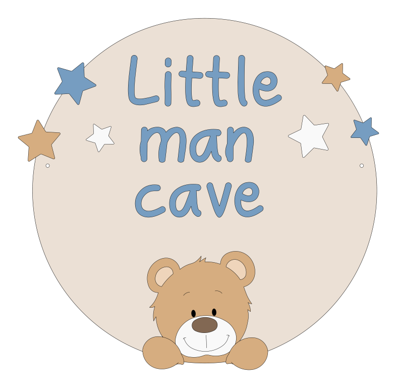Decoratie muurcirkel babykamer hout schattige beige beer op beige rond bord met de tekst little man cave