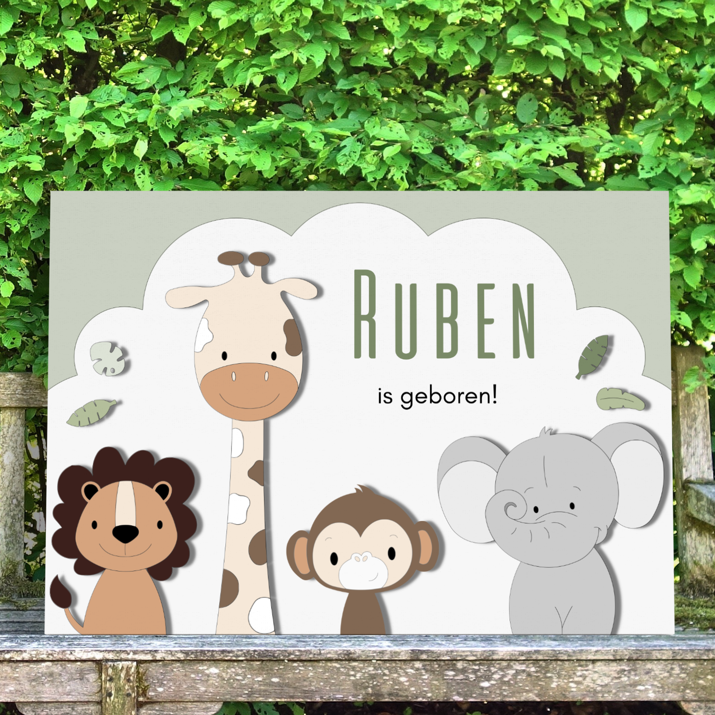 Geboortebord tuin - 4 jungledieren op wolk - kleur te kiezen (70x50cm)