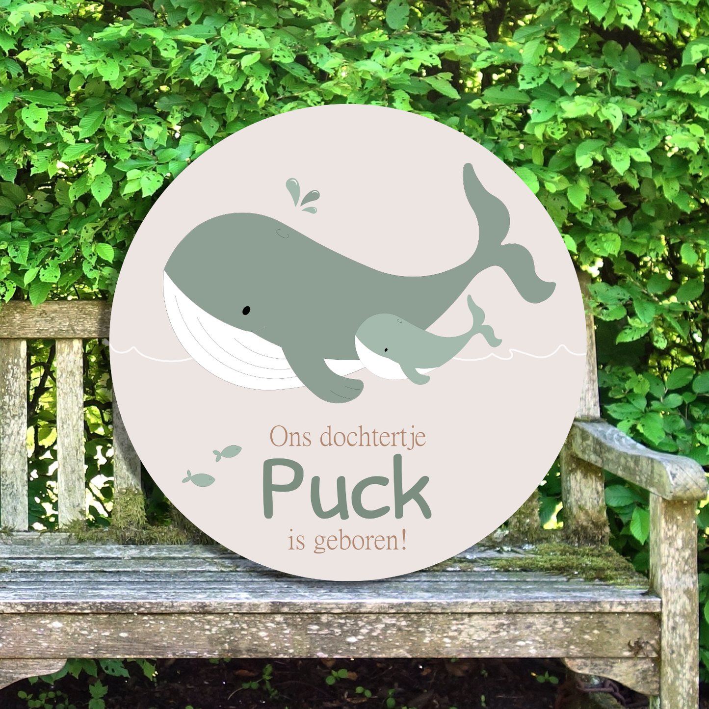 Geboortebord tuin - walvis met kindje - kleur te kiezen (Ø60cm)