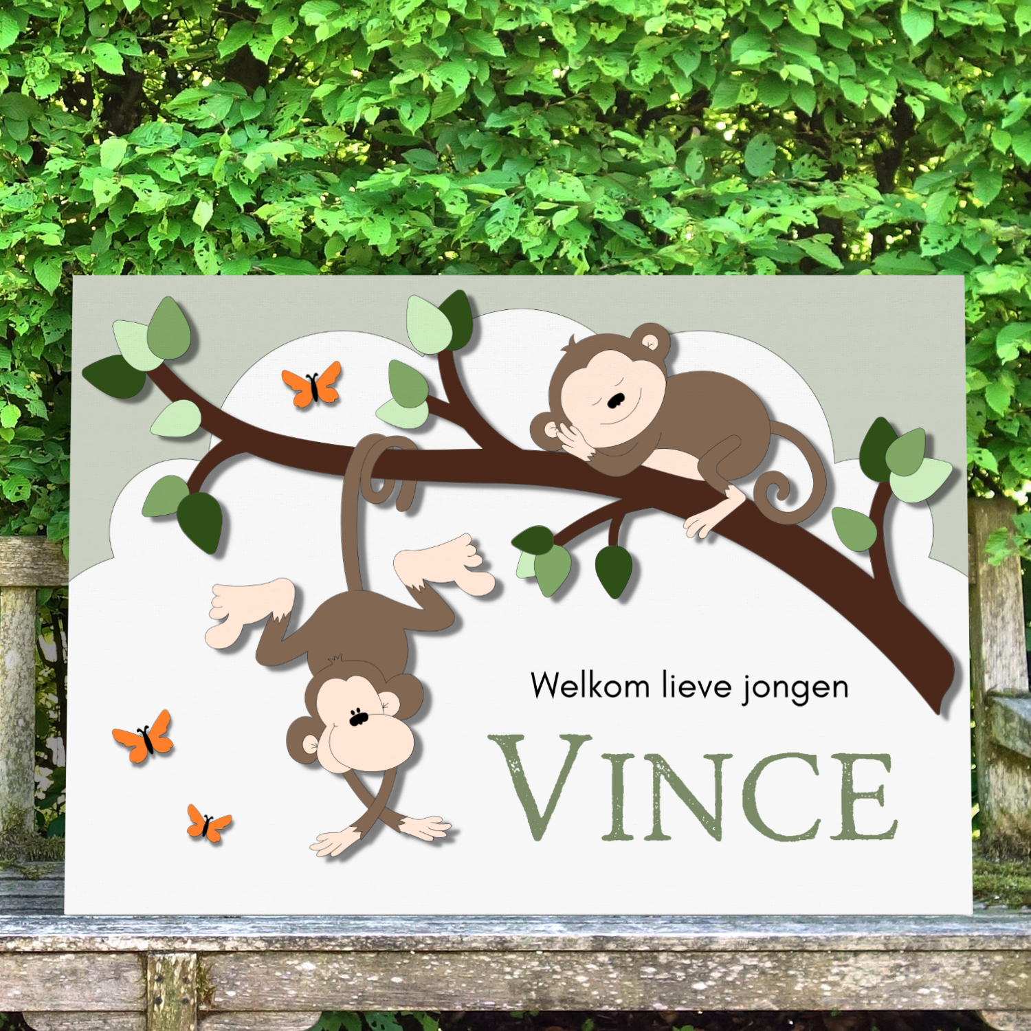 Geboortebord voor buiten: tak  met aapjes.