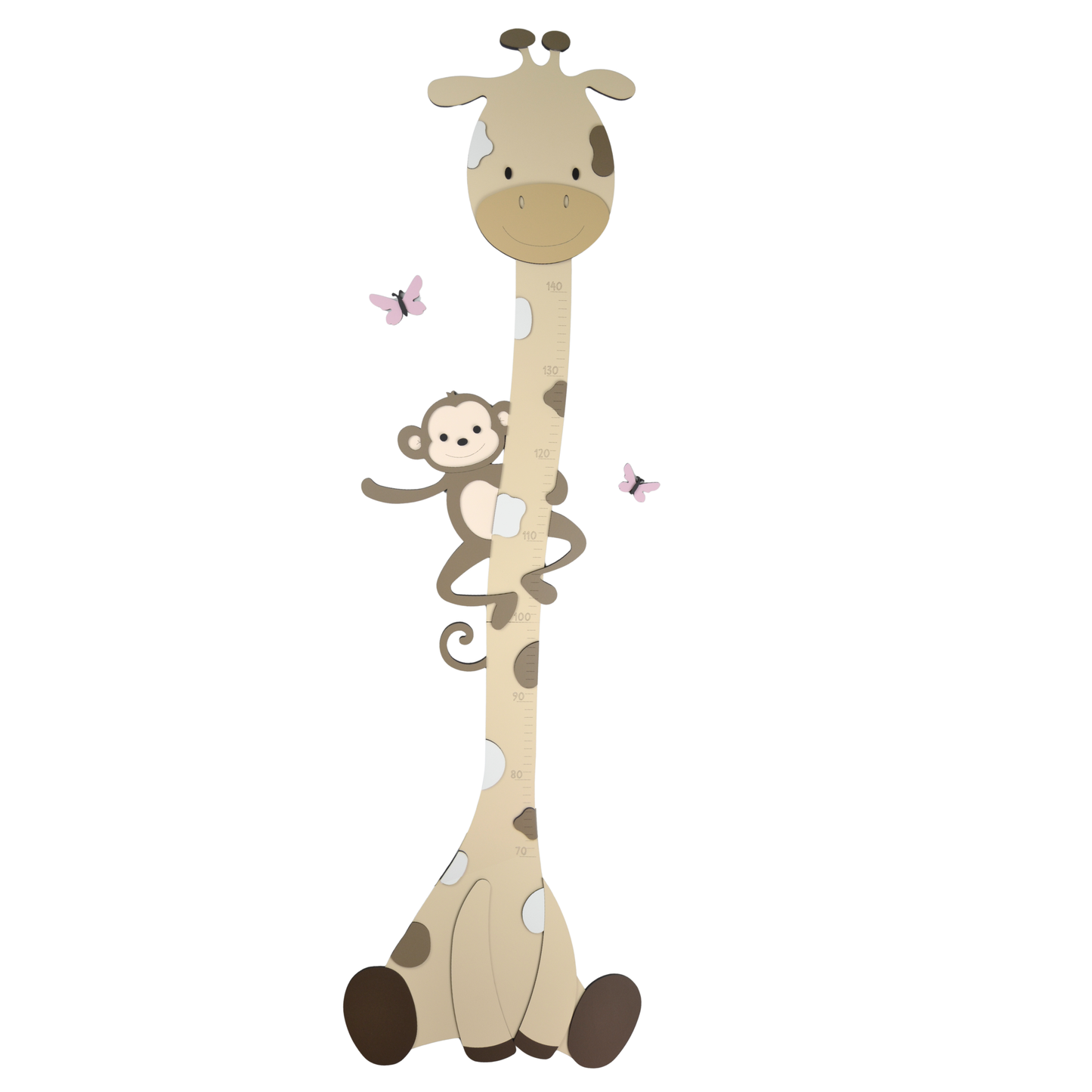 Houten groeimeter voor babykamer; giraf met aapje in natuurlijke kleuren.
