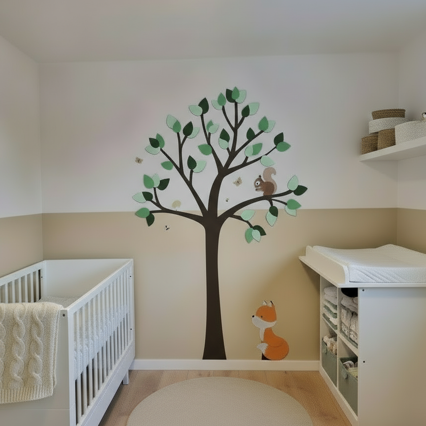 Houten muurstickers babykamer grote boom met groene bladeren met eekhoorn en vosje