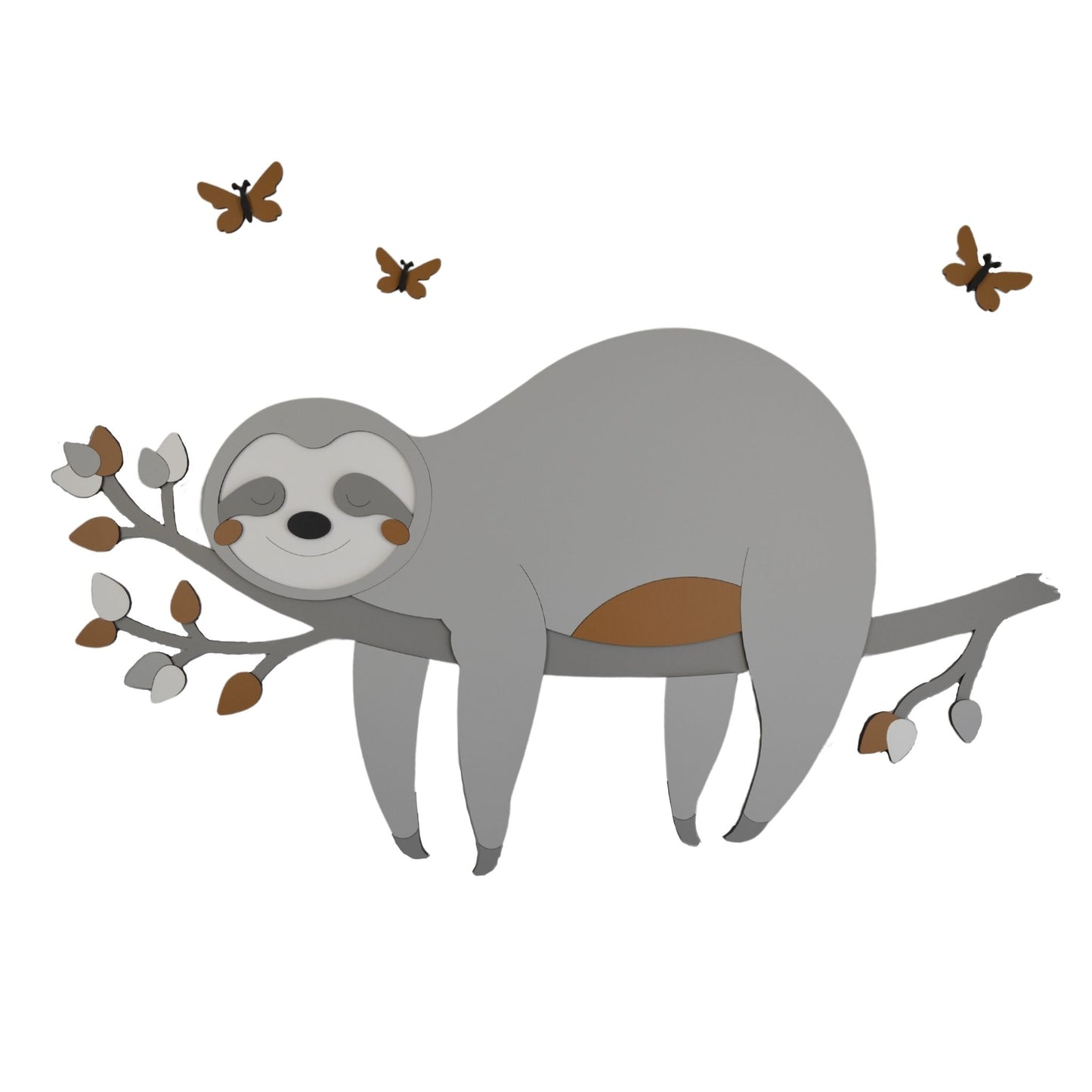 Muurstickers babykamer hout, schattige luiaard, slapend op een tak met aardetinten bladeren op witte achtergrond