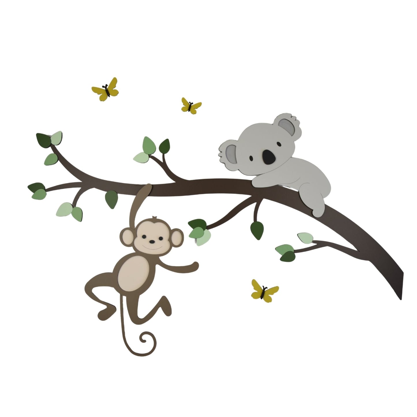 Houten muursticker voor kinderkamer: tak met groene bladeren, hangend aapje en koala