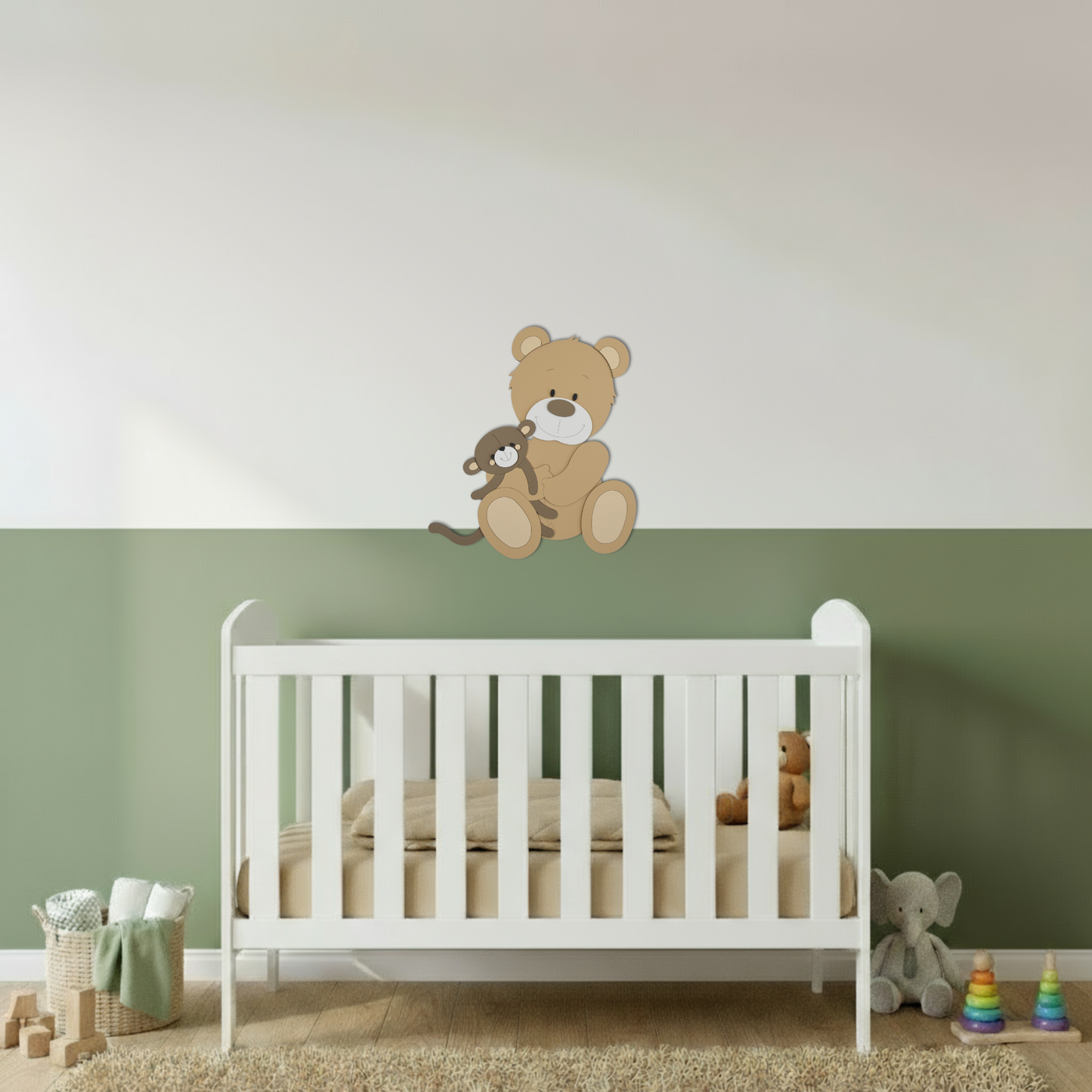 Houten muurdecoratie voor babykamer met beige beer en knuffelaapje