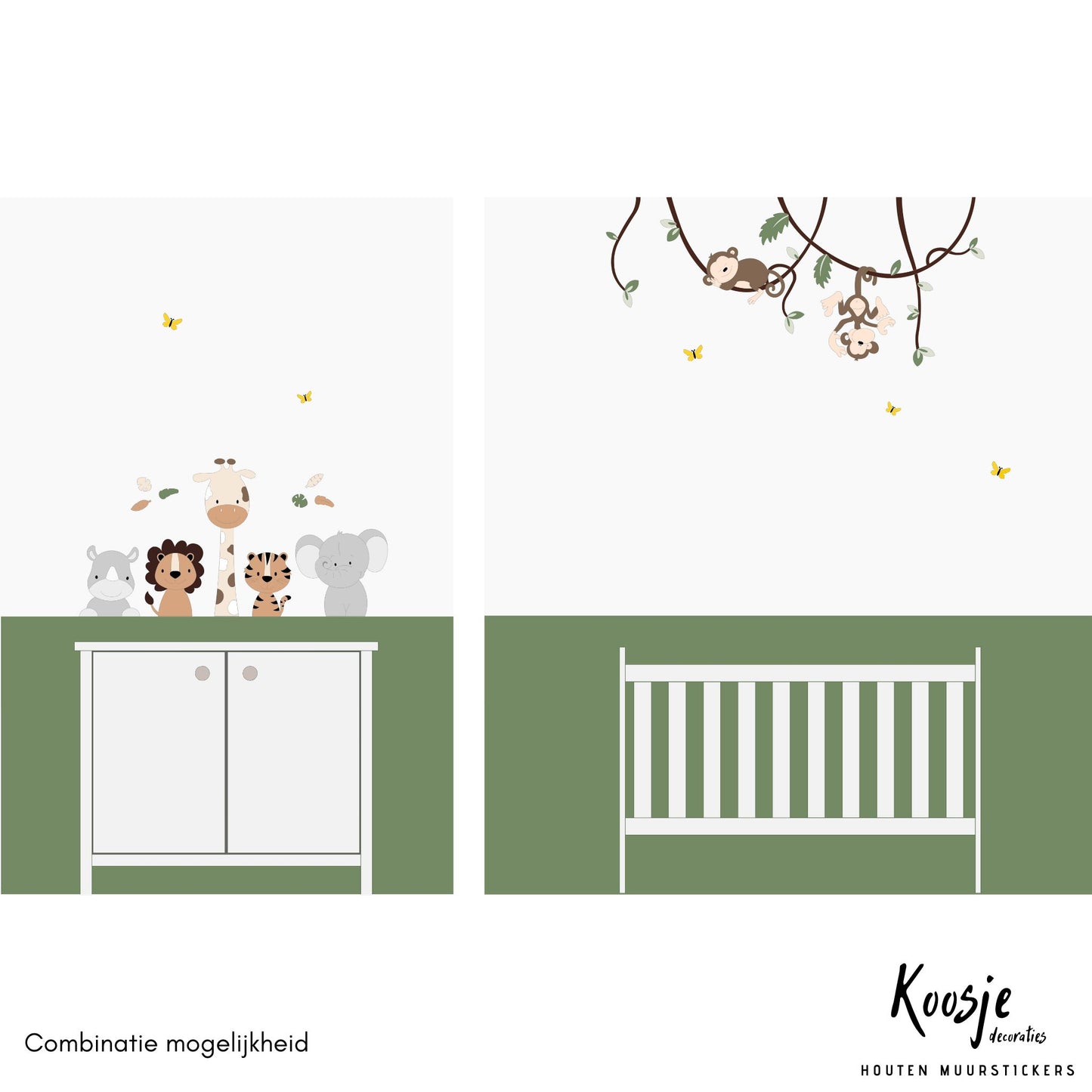 Ideeën voor wanddecoratie voor babykamer: lianen met groene bladeren en aapjes, en jungle dieren boven de commode.