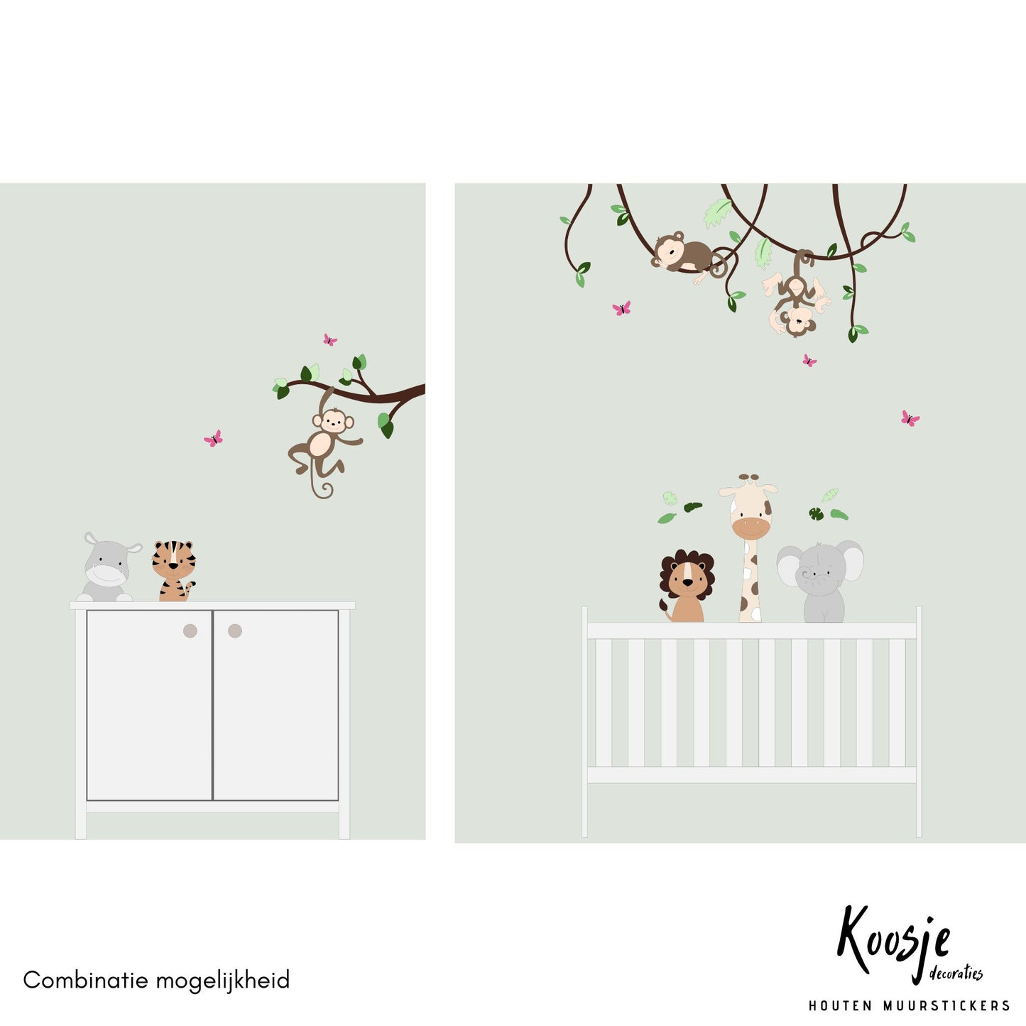 Inspiratie muurdecoratie voor babykamer: tak met groene bladeren en hangend aapje. Aan plafond lianen met 2 aapjes tussen groene bladeren.