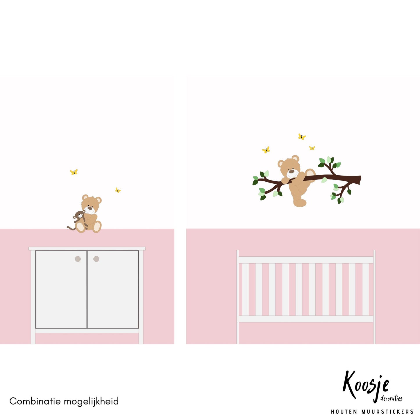 Decoratie Ideeën babykamer babykamer met tak, klauterend beertje en knuffelaapje boven roze lambrisering