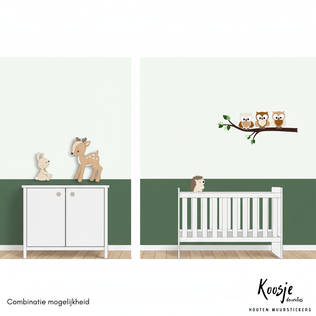 Houten-muurstickers-kinderkamer-bosthema-hertje-uiltjes