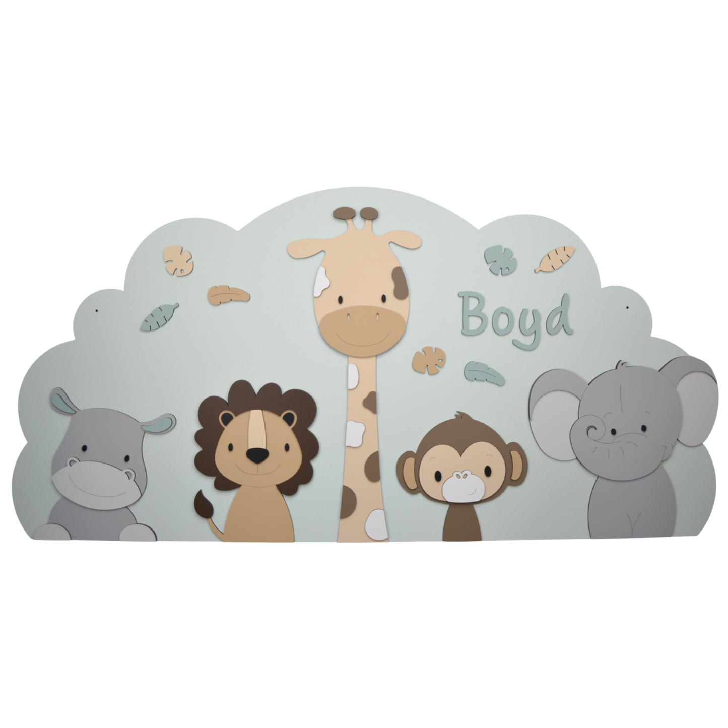 Houten muursticker - 5 Jungledieren nijlpaard-leeuw-giraf-aap-olifant op wolk - beige met te kiezen kleur (116x58cm)