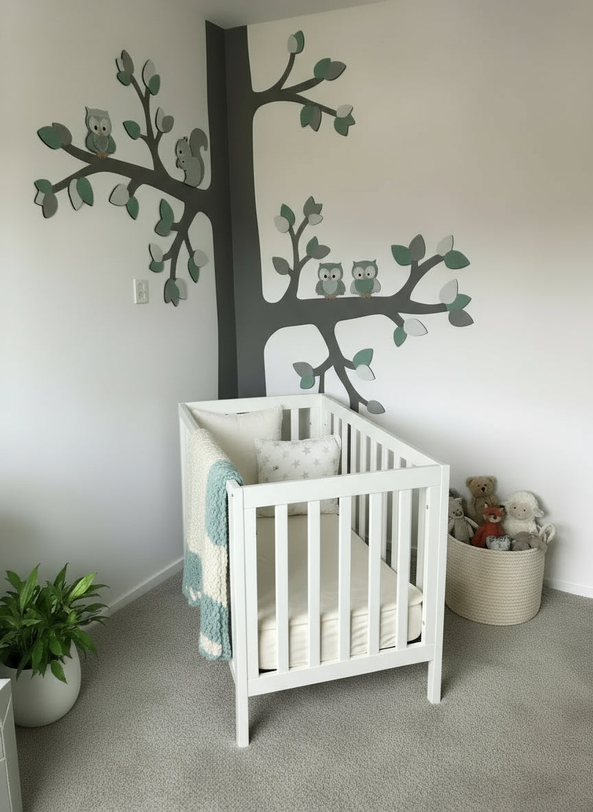 Houten muurdecoratie voor de babykamer; grote boom met gekleurde bladeren, eekhoorn en uiltjes.