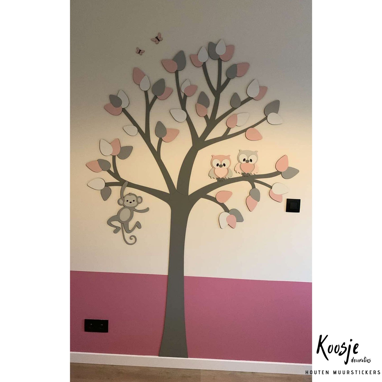 Houten muursticker - Vrijstaande boom (dieren optioneel) - grijs met te kiezen kleur (135x200cm)