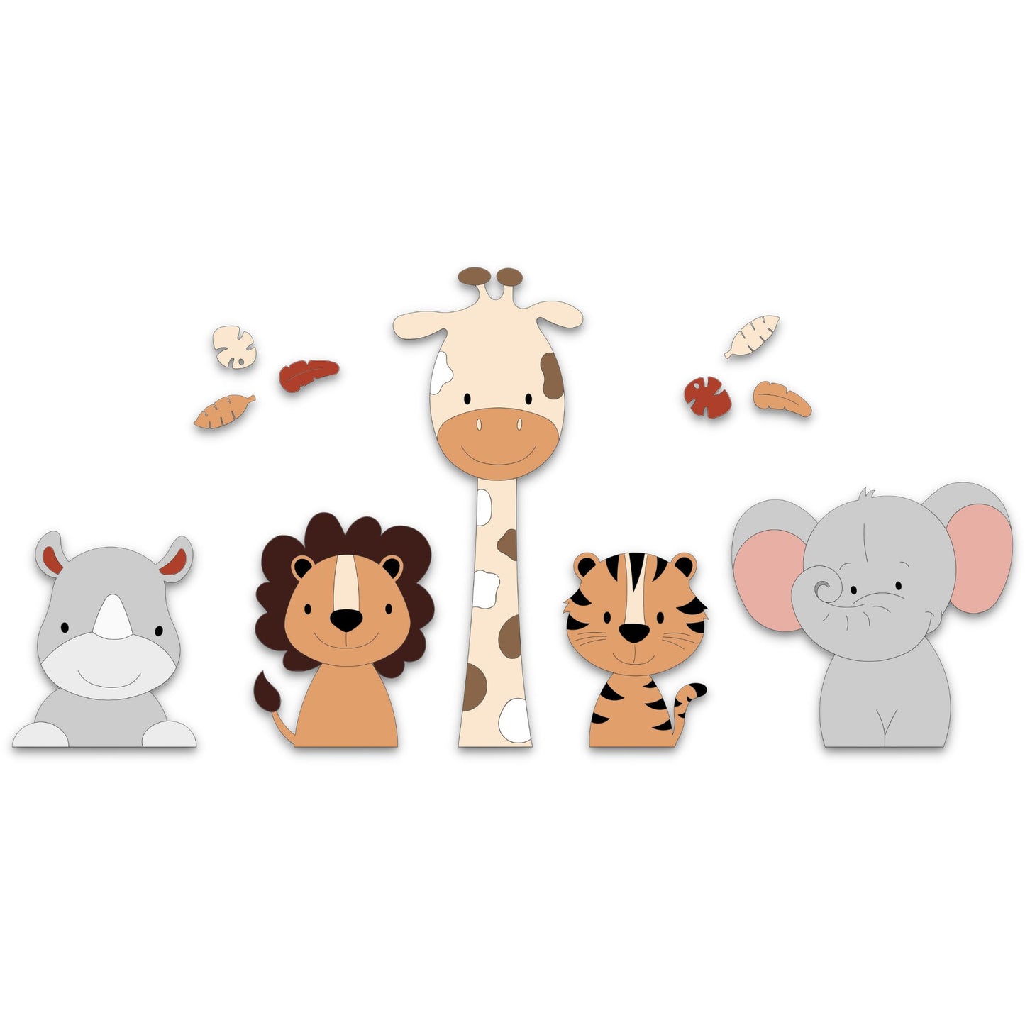 Houten muursticker - 5 Jungle dieren neushoorn, leeuw, giraf, tijger, olifant - beige (bladeren optioneel) (115x55cm)