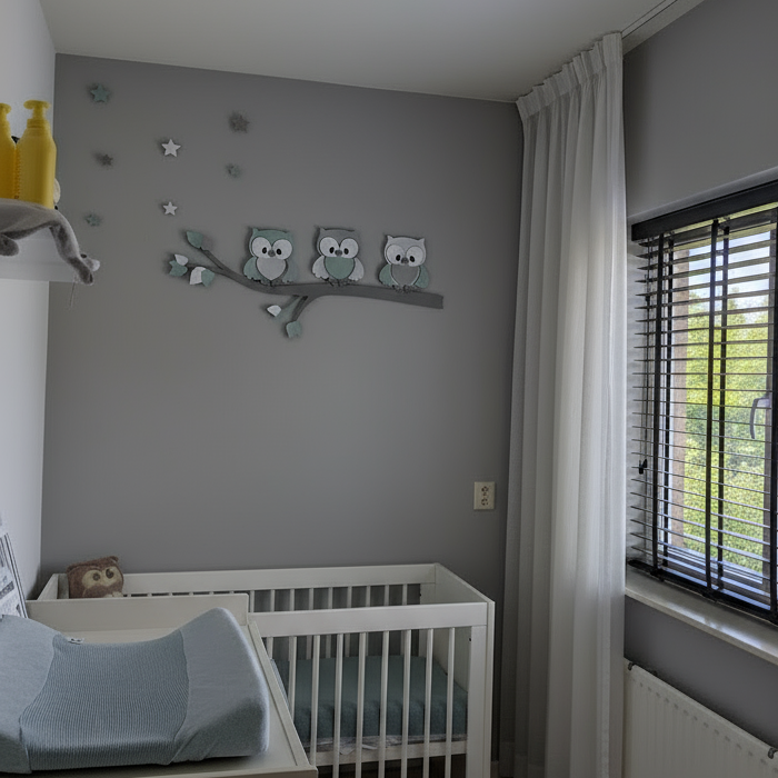 Houten muurdecoratie voor babykamer met tak, gekleurde bladeren en uiltjes
