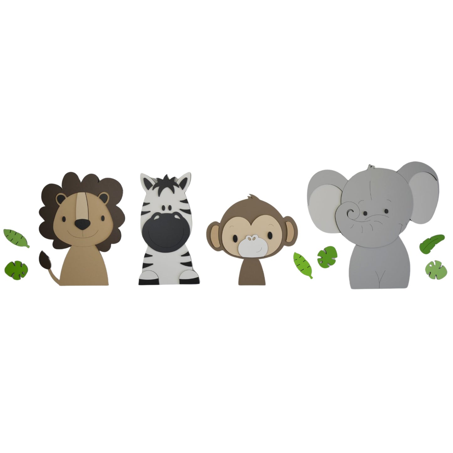 Houten jungledieren voor aan de muur – lieve muurstickers met zebra, leeuw en olifant in warme, neutrale tinten voor de babykamer