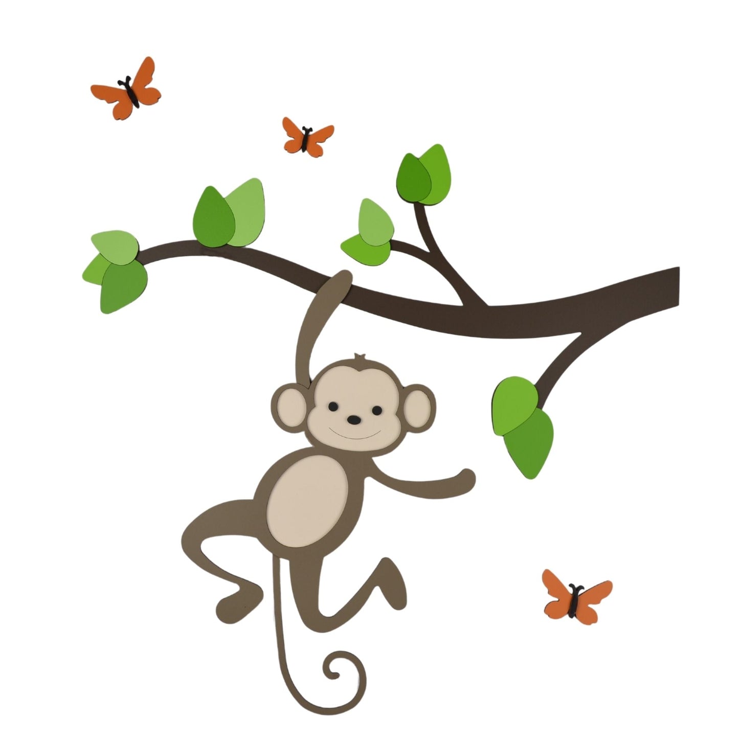 Houten muurdecoratie voor babykamer, tak met groene bladeren en hangend aapje