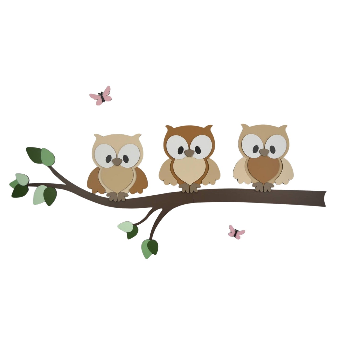 Houten muursticker - Tak met 3 bosuiltjes - naturel - cacaokleur pootjes (vlinders optioneel ) (95x42cm)