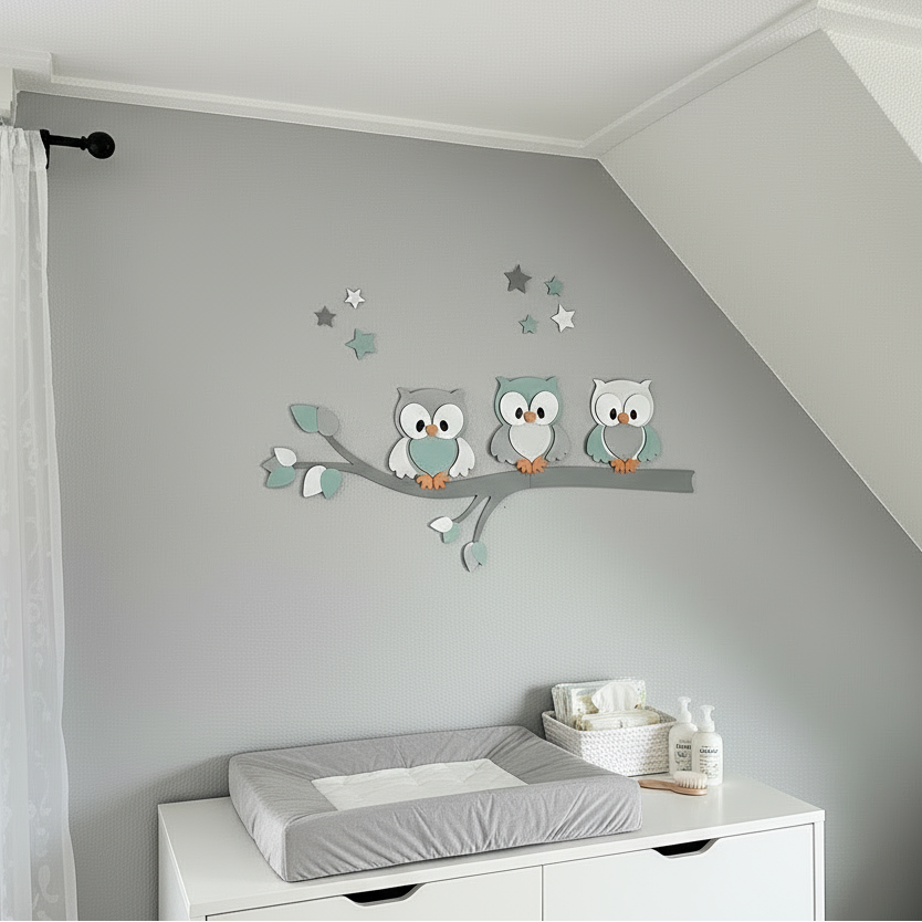 Houten muurdecoratie voor babykamer met tak, gekleurde bladeren en uiltjes