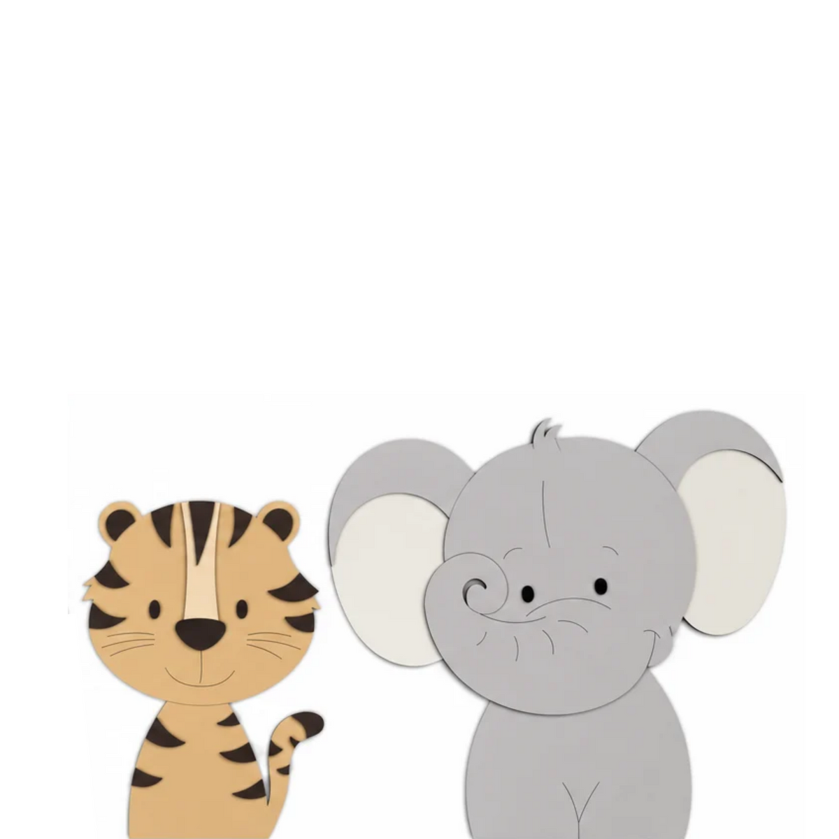 Houten muurstickers voor kinderkamer in junglethema, leeuw giraf en olifant in natuurlijke kleuren. geschikt voor een babykamer met safarithema