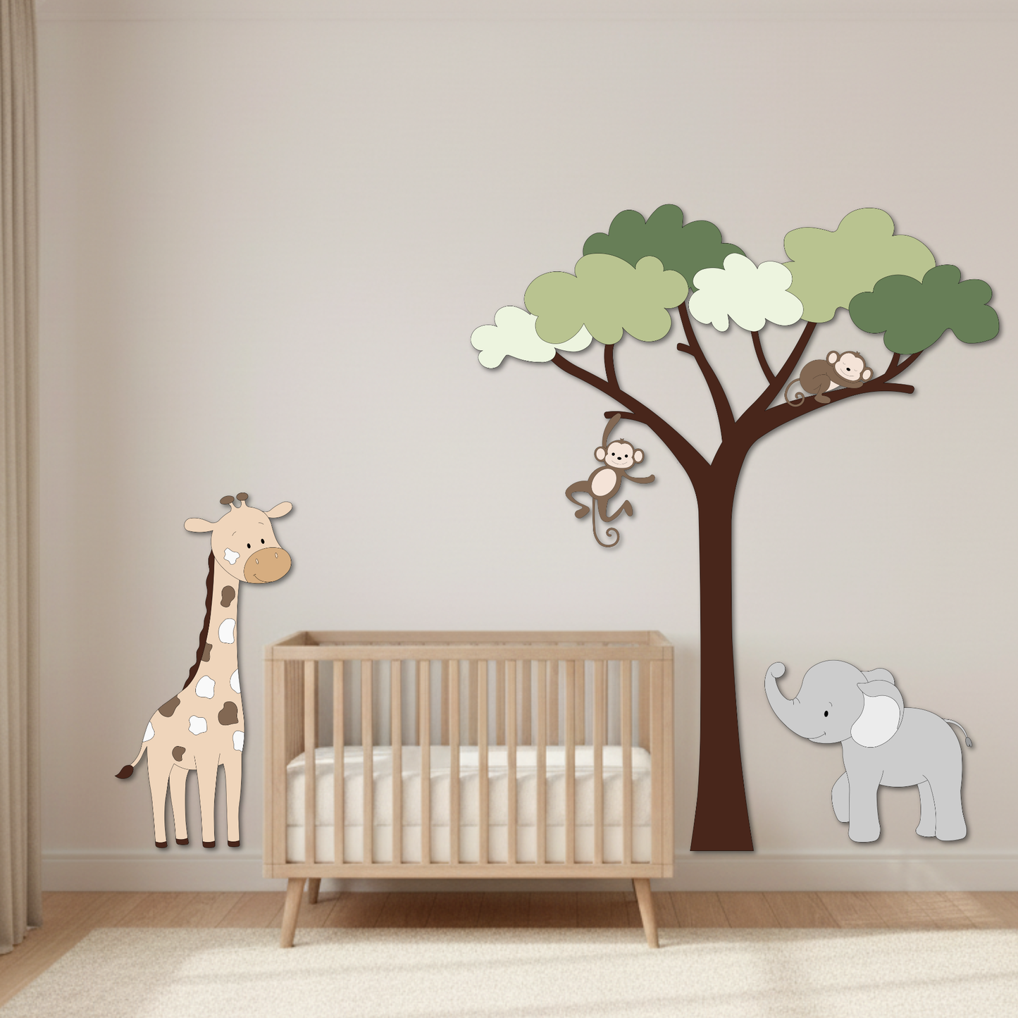 Inspiratie voor aankleding jungle kamer, grote boom met aapjes, giraf en olifant.
