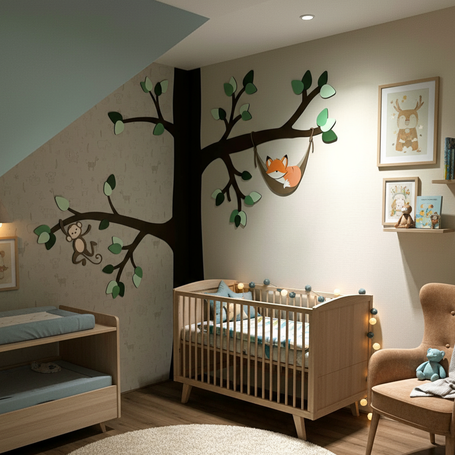 Houten muurdecoratie babykamer: grote boom in hoek met slapend vosje in hangmat.