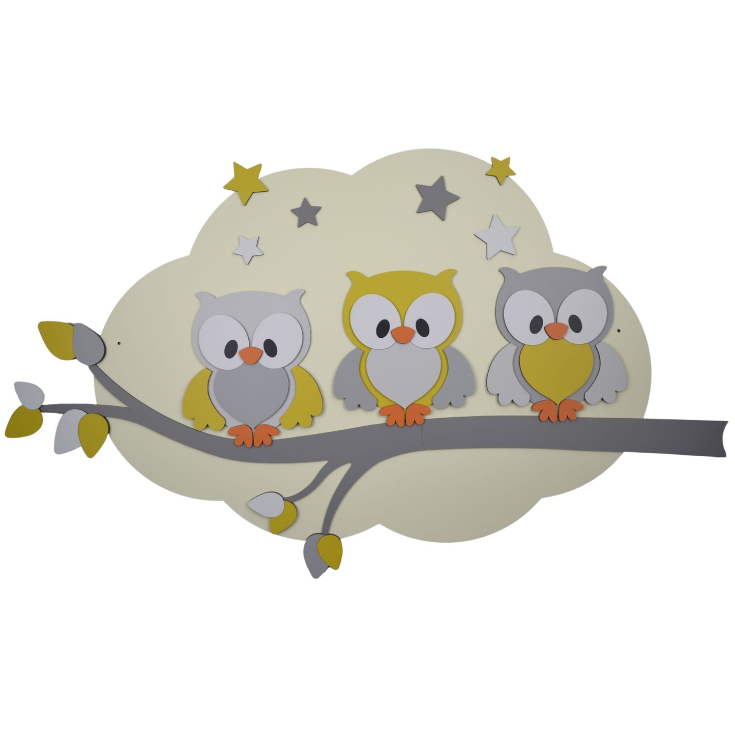 Houten muurdecoratie babykamer met tak, gekleurde bladeren en uiltjes