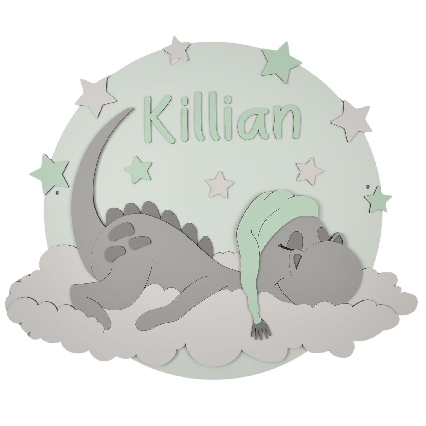 Houten muurdecoratie voor kinderkamer; rond bord met slapend draakje op wolk en sterren.