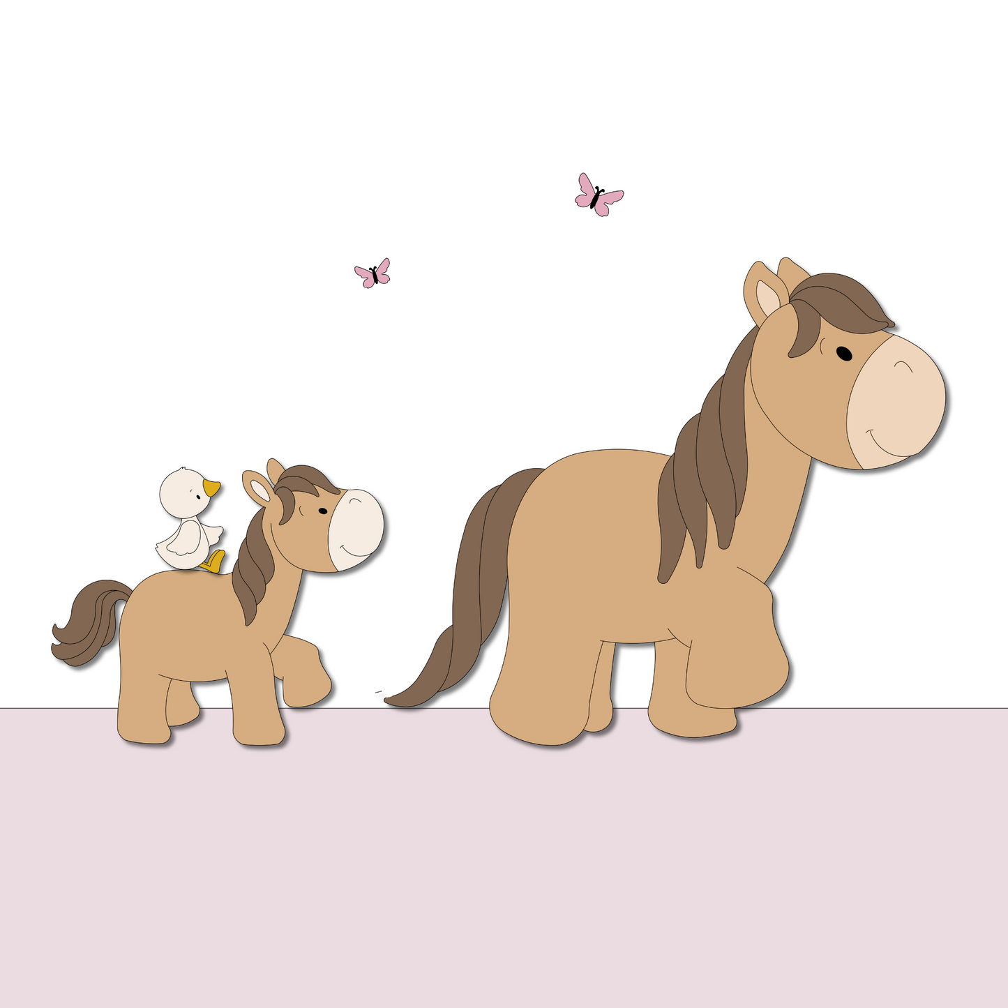 Houten muurdecoraties babykamer lopend groot paard gevolgd door vrolijk veulentje met eendje op rug. Roze achtergrond