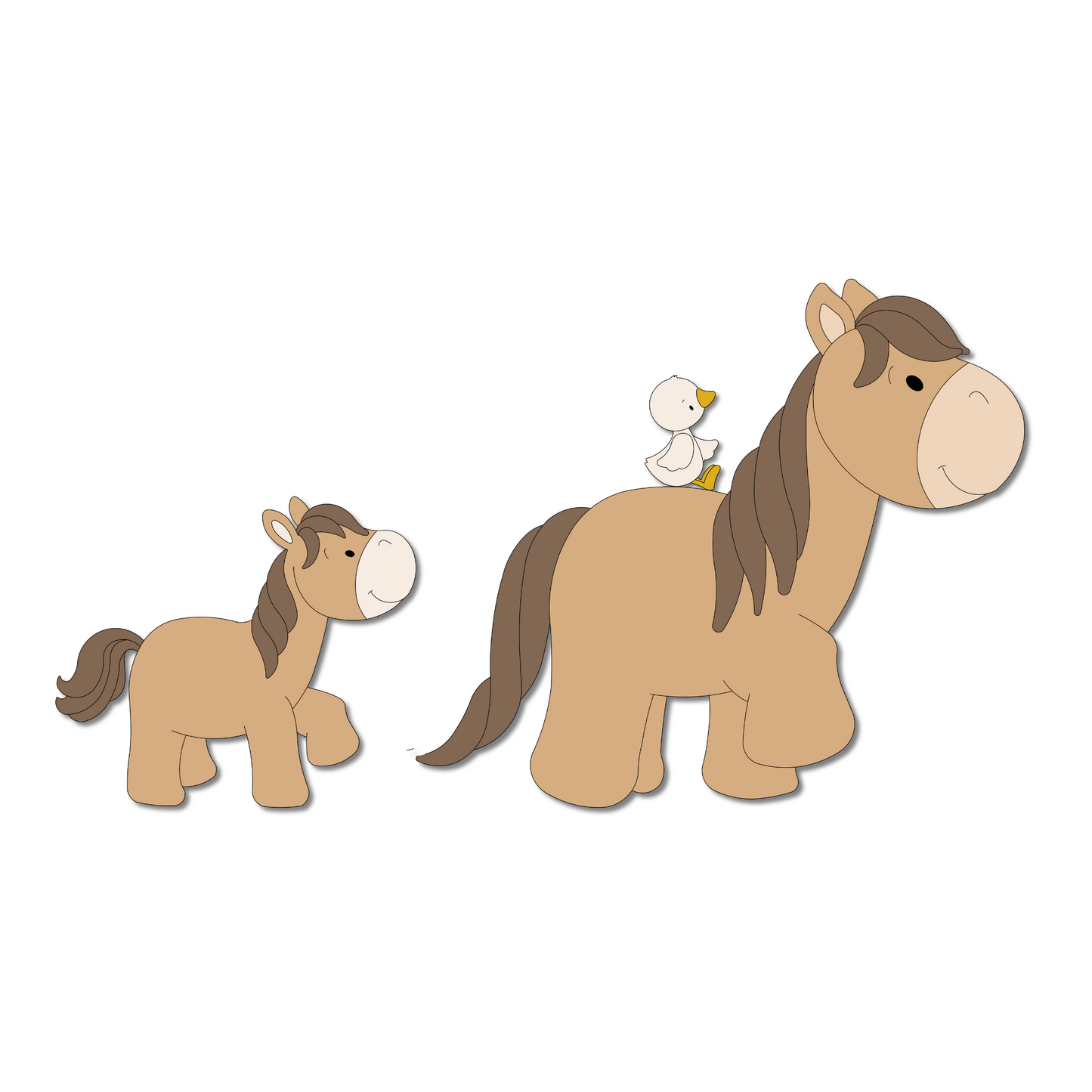Houten wanddecoratie babykamer lopend groot paard gevolgd door vrolijk veulentje met eendje op rug.