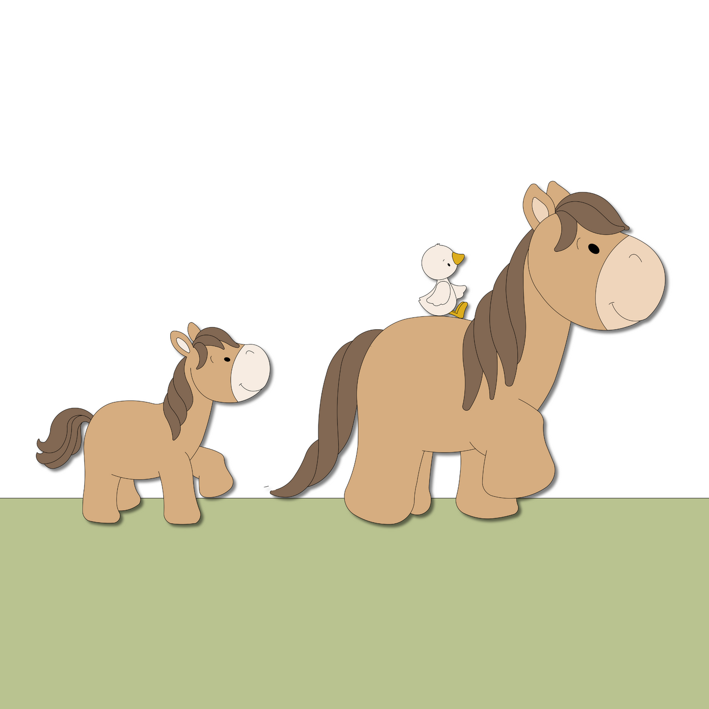 Houten muurstickers babykamer lopend groot paard gevolgd door vrolijk veulentje met eendje op rug. Groene achtergrond