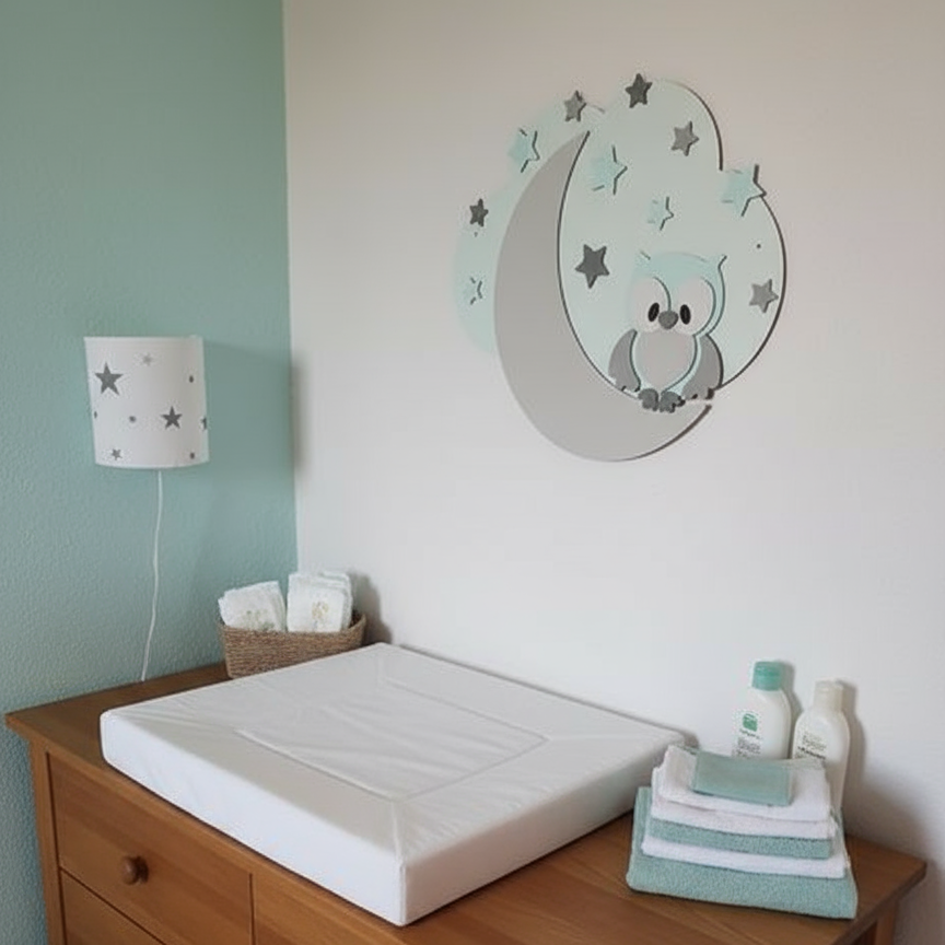 Houten muurdecoratie voor babykamer met uiltje op maan en sterren.