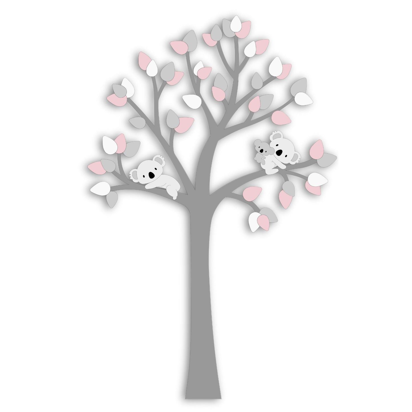 Houten muurdecoratie babykamer met grote boom, bladeren in grijs, wit en roze, koala’s op takken