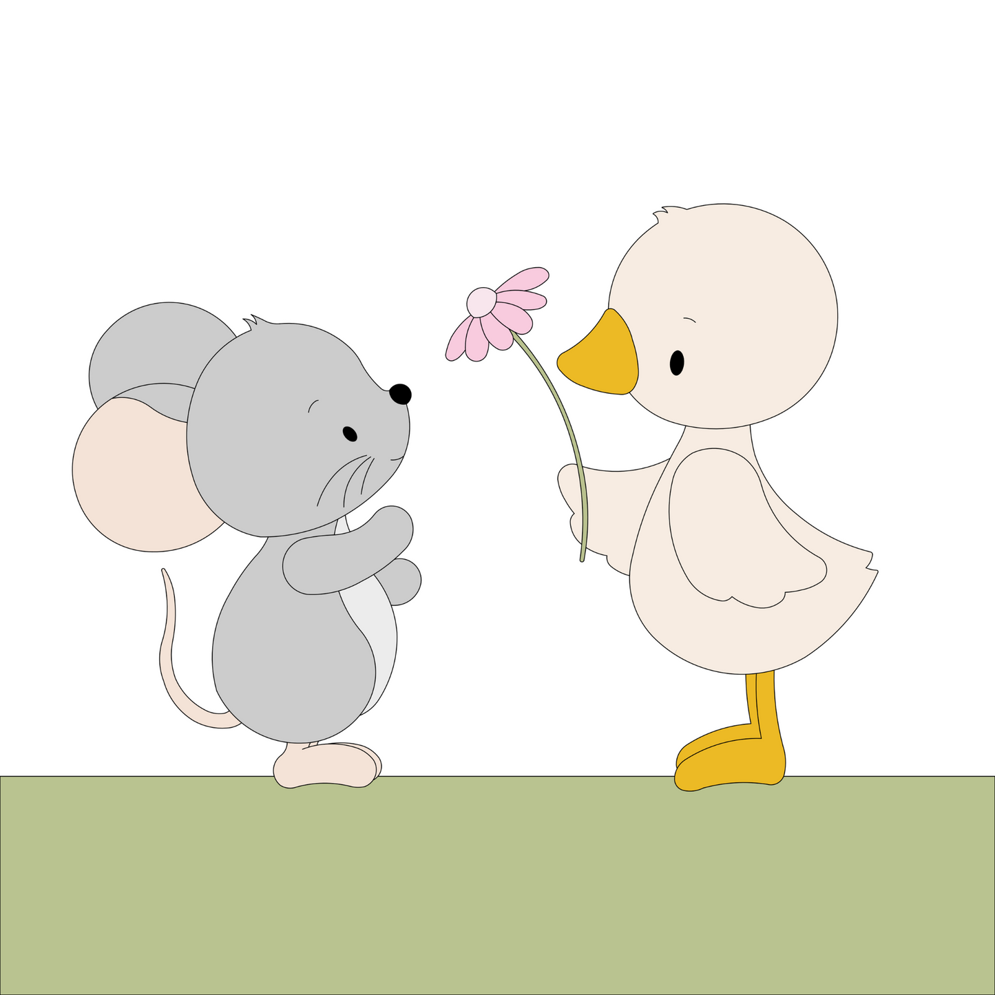 Houten muursticker - Muis met eendje en bloem - (65x45cm) (vlinders optioneel)