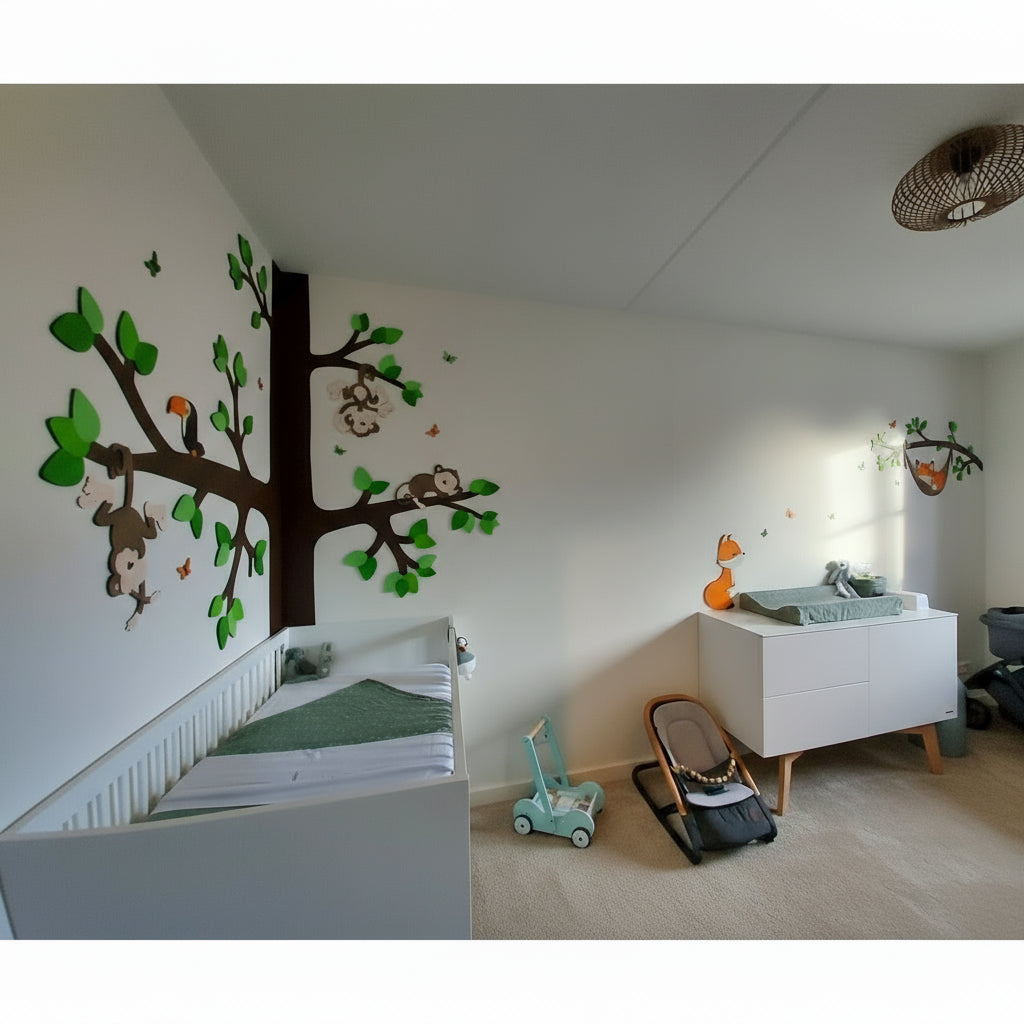Houten muursticker voor babykamer: grote boom met groene bladeren, drie aapjes en een toekan op de takken.