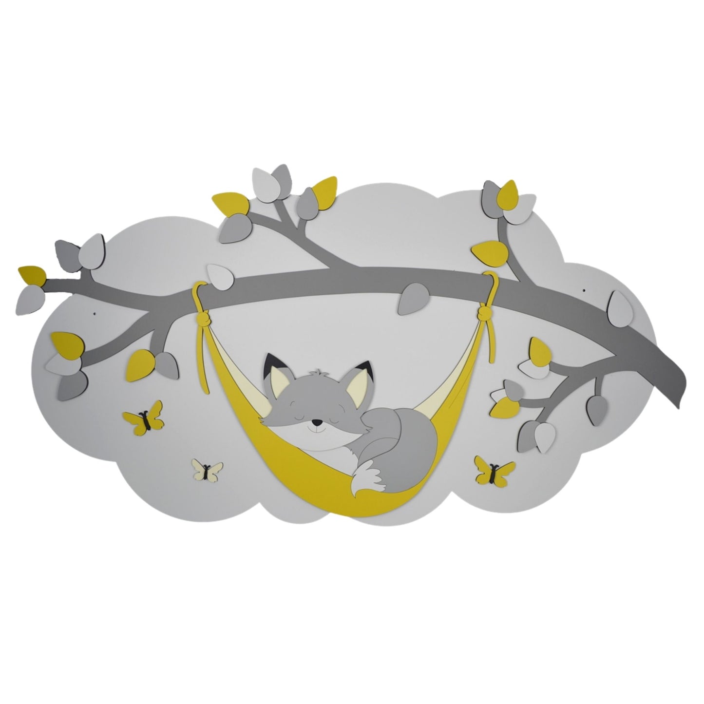 Muurdecoraties-kinderkamer-tak-vos-hangmat-wolk-okergeel