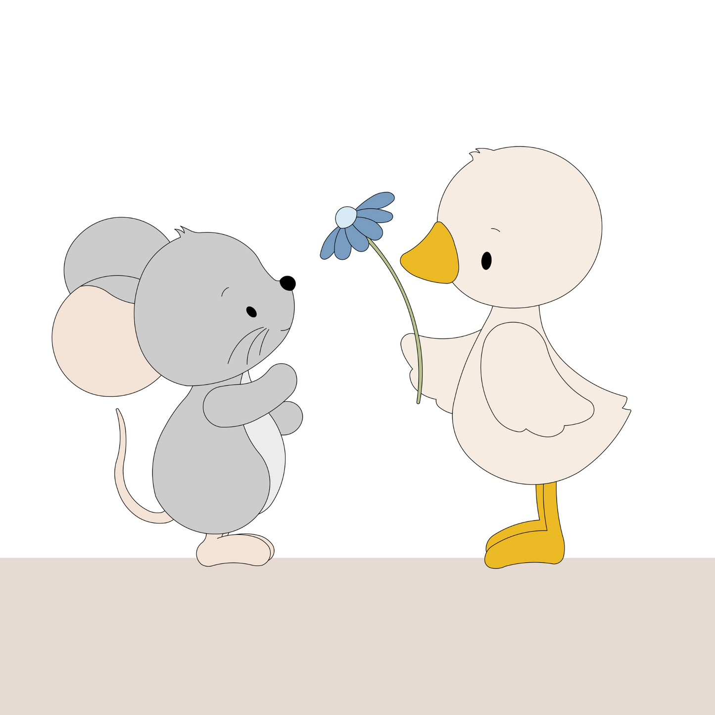 Houten muurdecoratie babykamer schattig eendje met bloem en lief muisje.