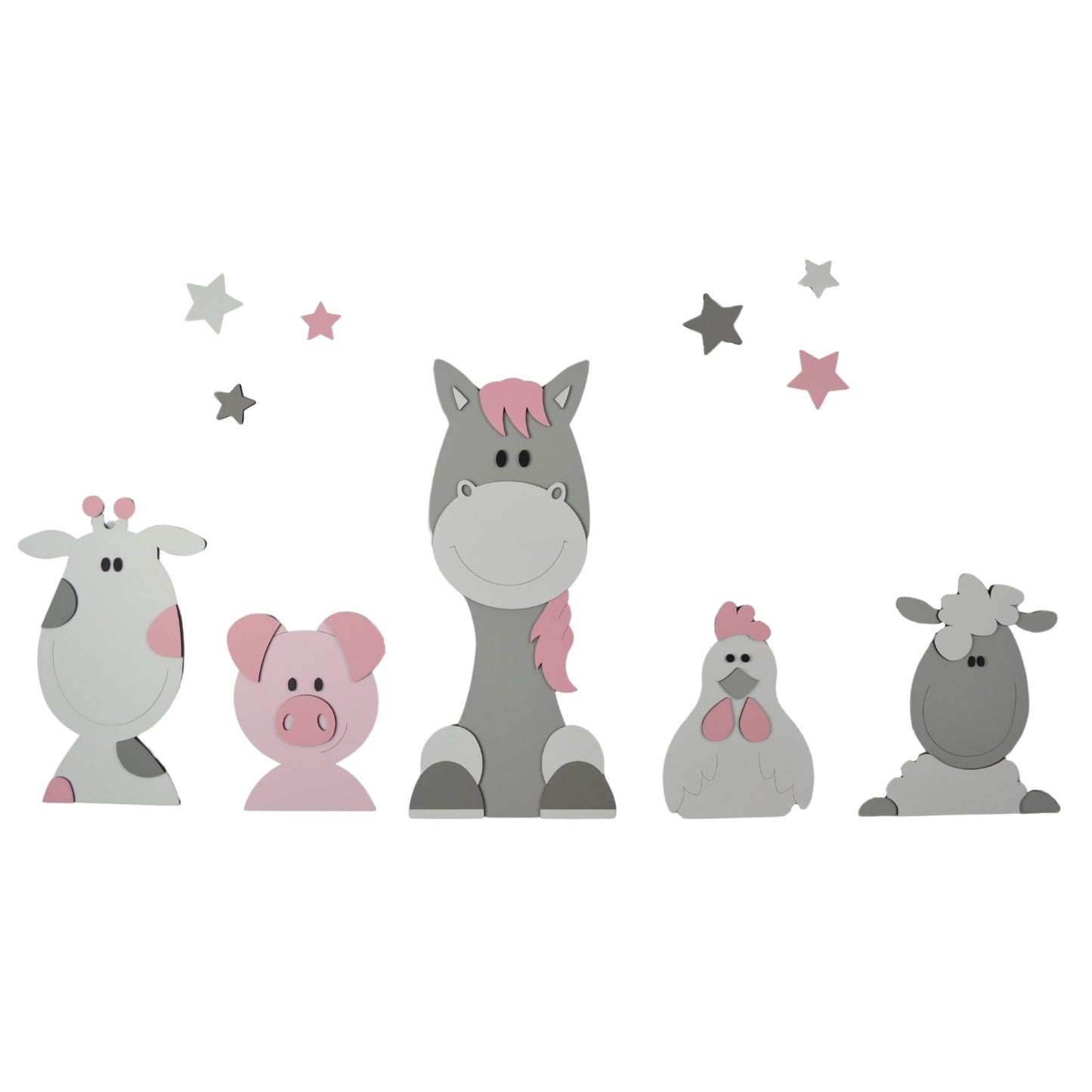 Houten muurstickers voor de babykamer; boerderijdieren zoals koe, paard in schaap in grijstinten.