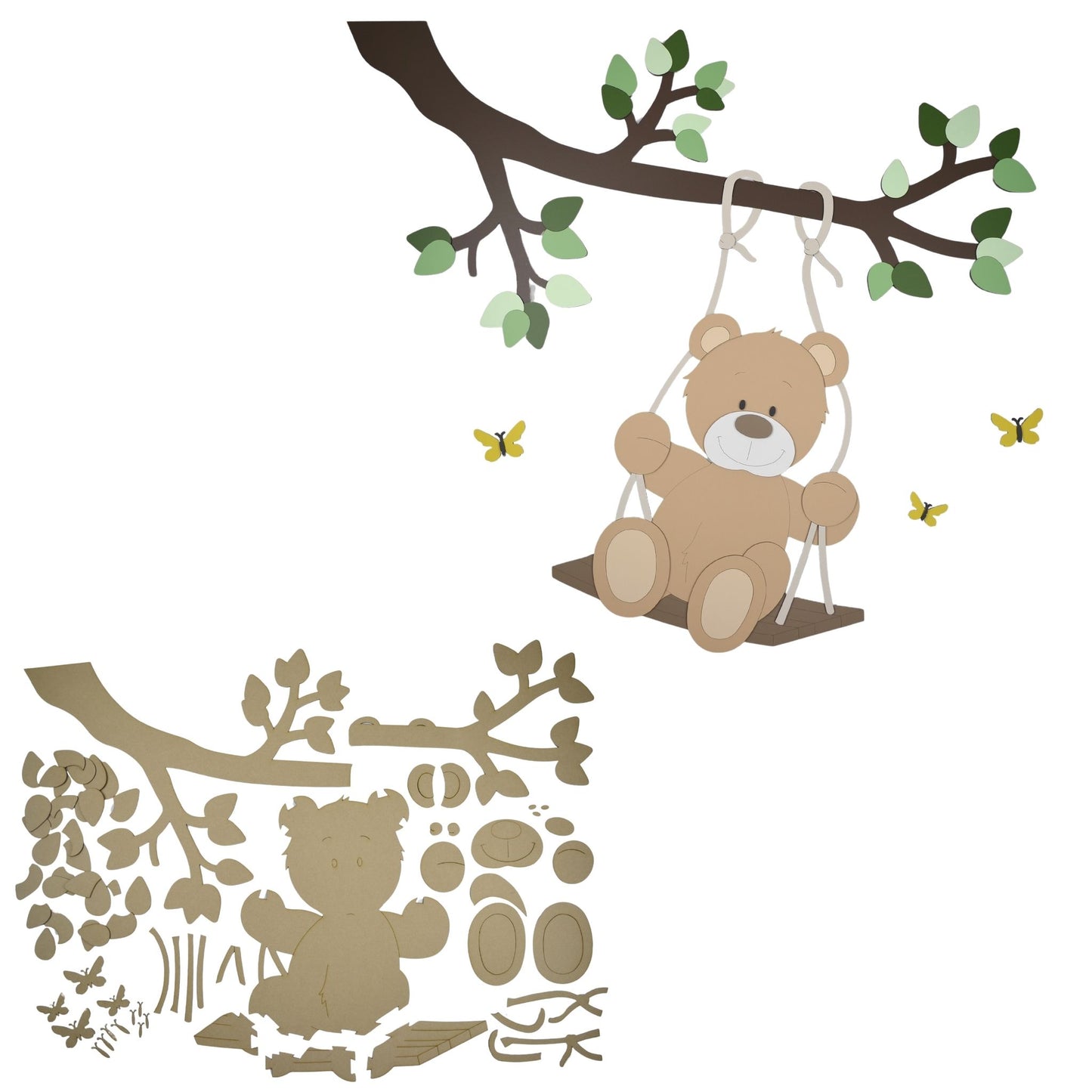 DIY houten wanddecoratie babykamer. Tak met schommelende beer eraan