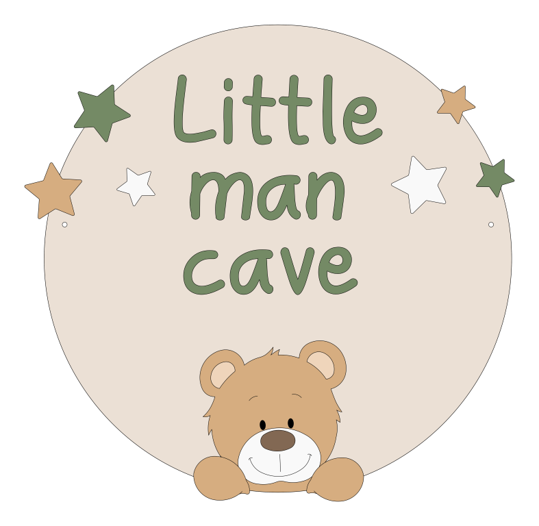 Muurdecoratie muurcirkel babykamer hout schattige beige beer op beige rond bord met de tekst little man cave