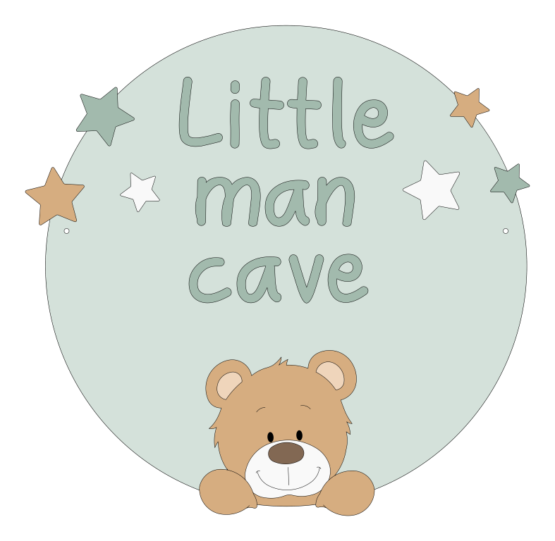 Muurdecoratie muurcirkel babykamer hout schattige beige beer op groen rond bord met de tekst little man cave