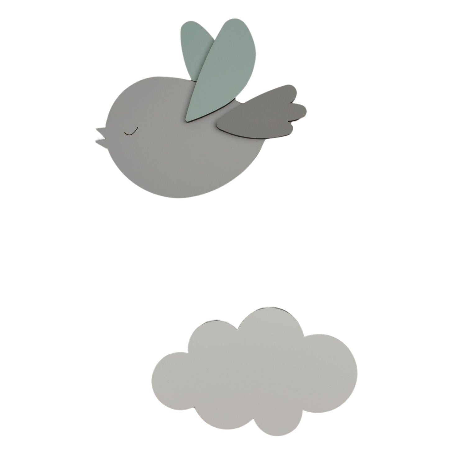 Houten muursticker - Vliegend vogeltje (L) met wolkje - lichtgrijs met te kiezen kleur