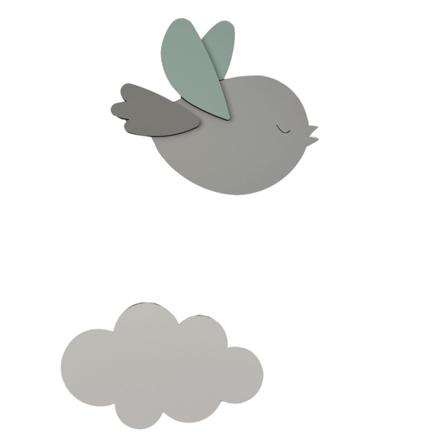Houten muursticker - Vliegend vogeltje (R) met wolkje - lichtgrijs met te kiezen kleur