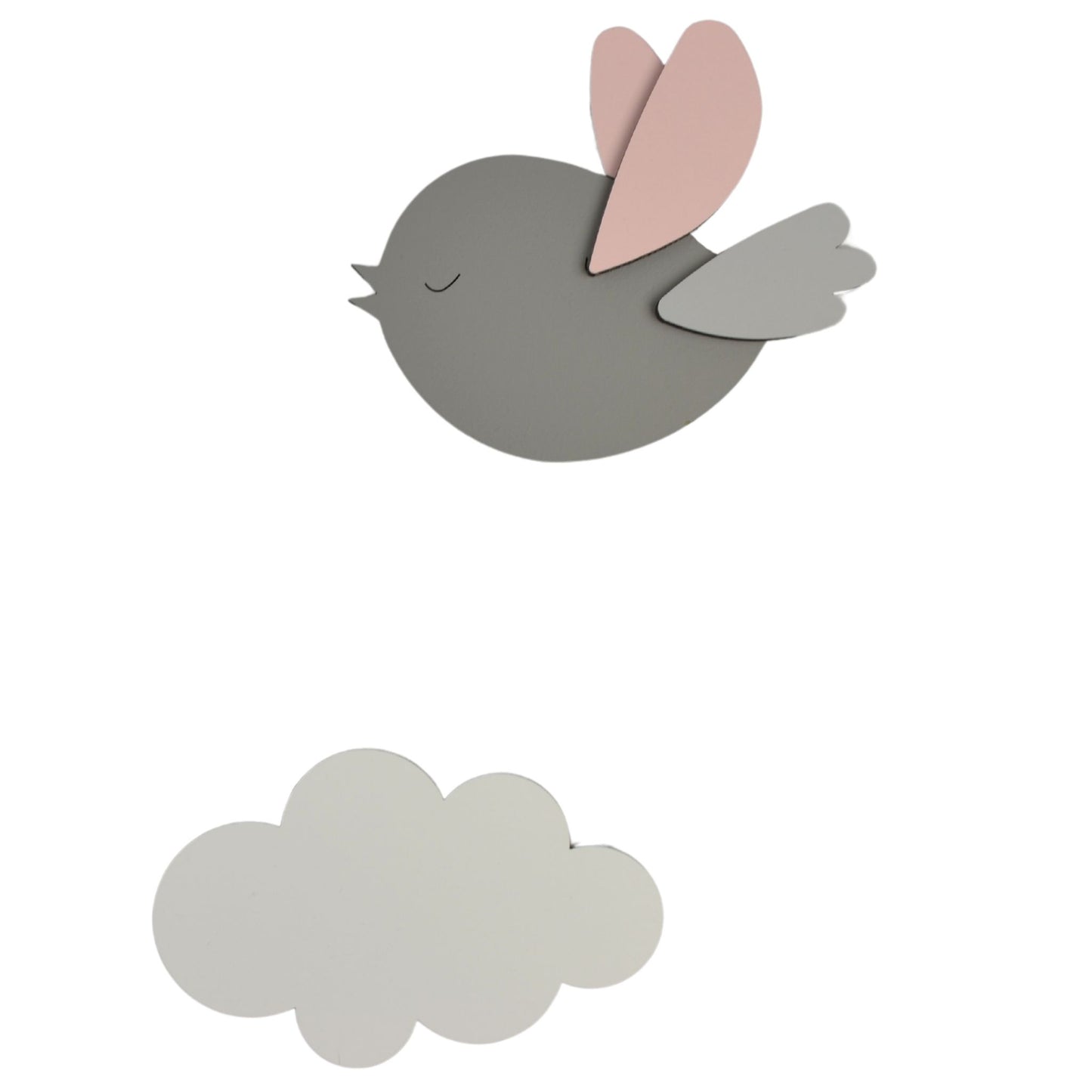 Houten muursticker - Vliegend vogeltje (L) met wolkje - donkergrijs met te kiezen kleur