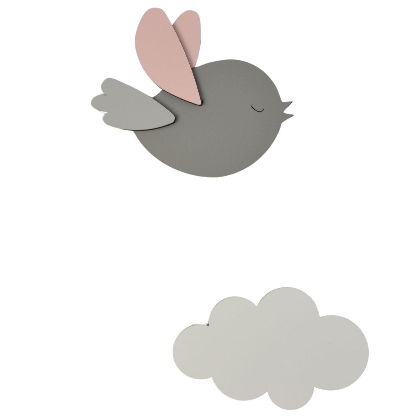 Houten muursticker - Vliegend vogeltje (R) met wolkje - donkergrijs met te kiezen kleur
