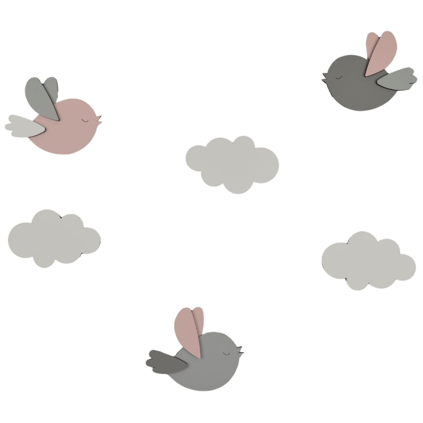 Houten muursticker - Set vliegend vogeltje met wolkjes - kleur te kiezen