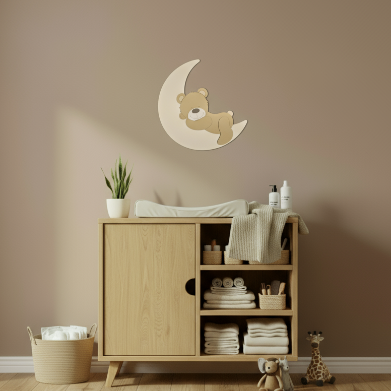 Houten muursticker babykamer van slapend beertje op een maan