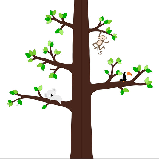 Houten muursticker - Hoekboom (dieren optioneel) - groene blaadjes (260x265cm)